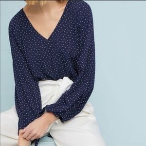 Maeve By Anthropologie Navy Blue Polka Dots Blouse Size XXS